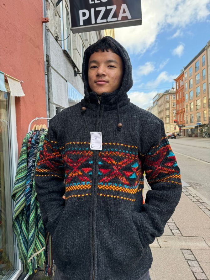 Handmade Woolen Jacket with Vibrant Tribal Pattern – Nepali Artisan Hoodie - Image 2
